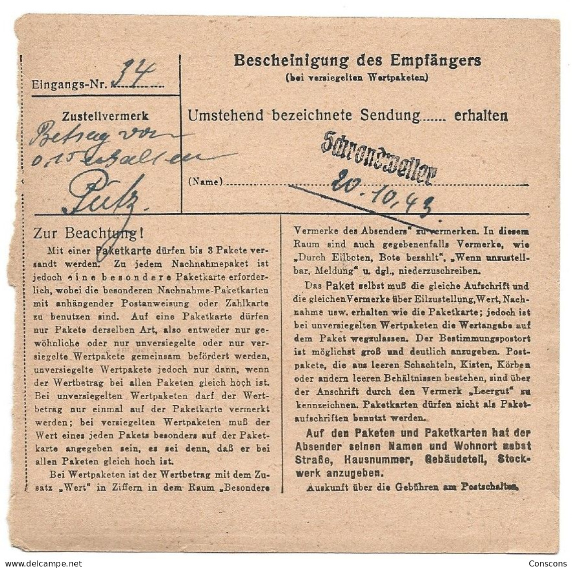 1 Paketkarte Von Luxemburg Nach Schrondweiler - 1940-1944 German Occupation