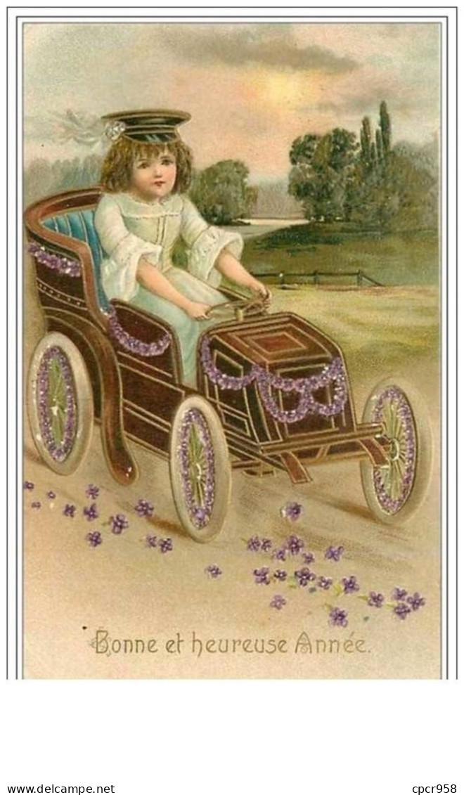 ILLUSTARTEURS.BONNE ET HEUREUSE ANNEE.FILLETTE DANS UNE VOITURE FLEURIE.CP GAUFFREE - Ante 1900