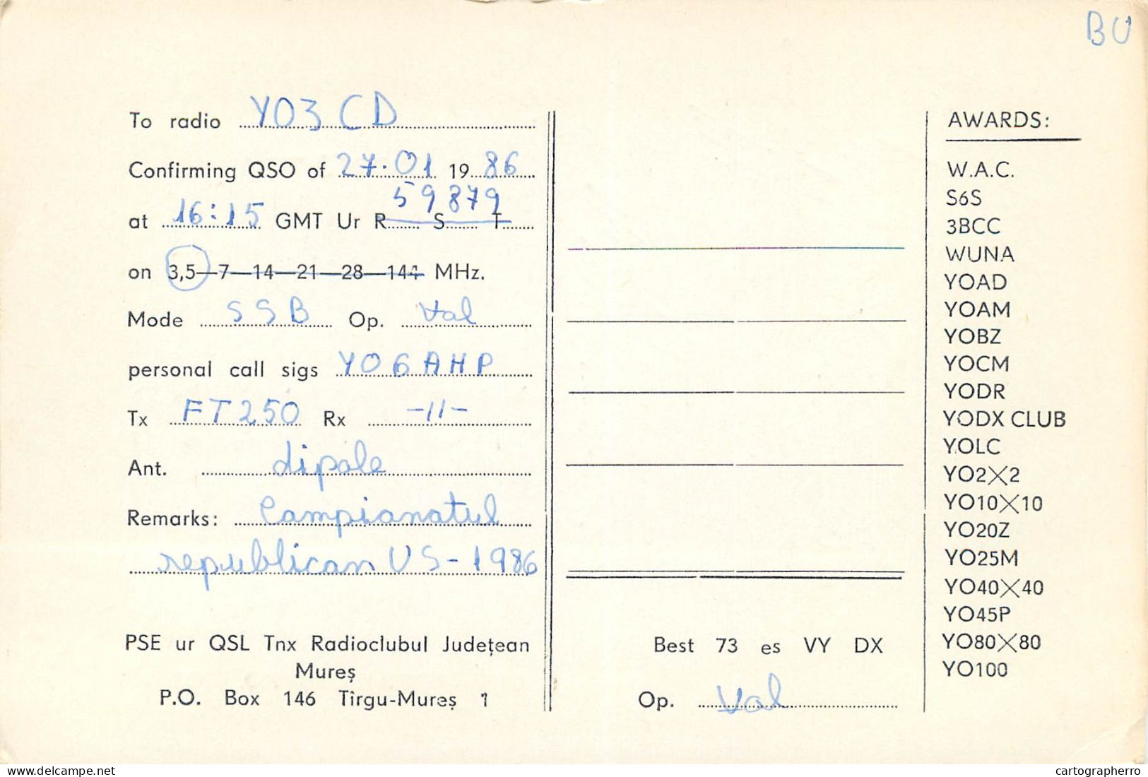 Romania Radio Amateur QSL Post Card Y03CD Y06KBM - Radio Amatoriale