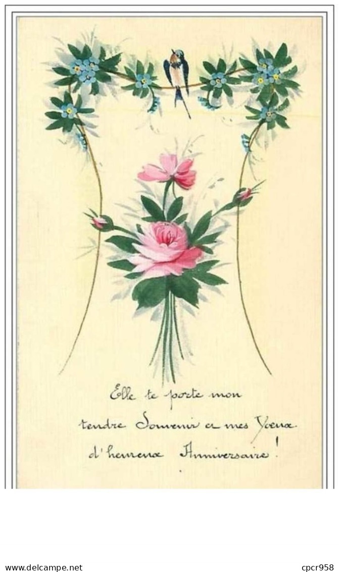 ILLUSTRATEURS.FLEURS ET OISEAU.FAIT MAIN.VOEUX D'HEUREUX ANNIVERSAIRE - Ante 1900