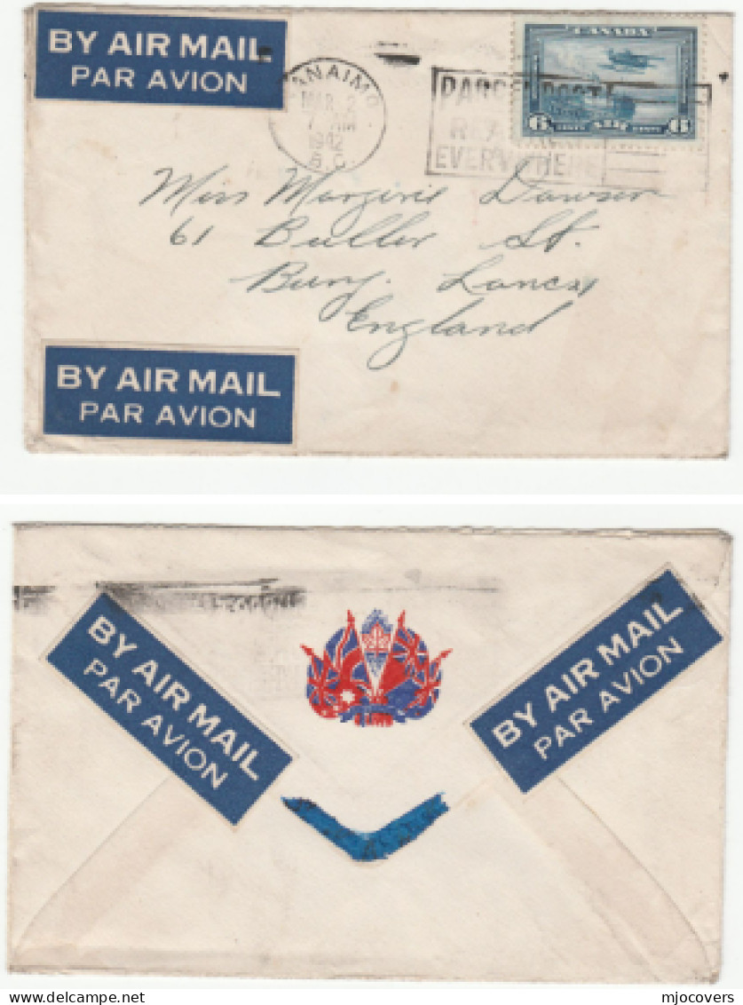 1944  COVER  4  Airmail Labels ,  Emblem  On The Back  (military?) CANADA Air Mail Nanaimo To GB Stamps Flag - Cartas & Documentos