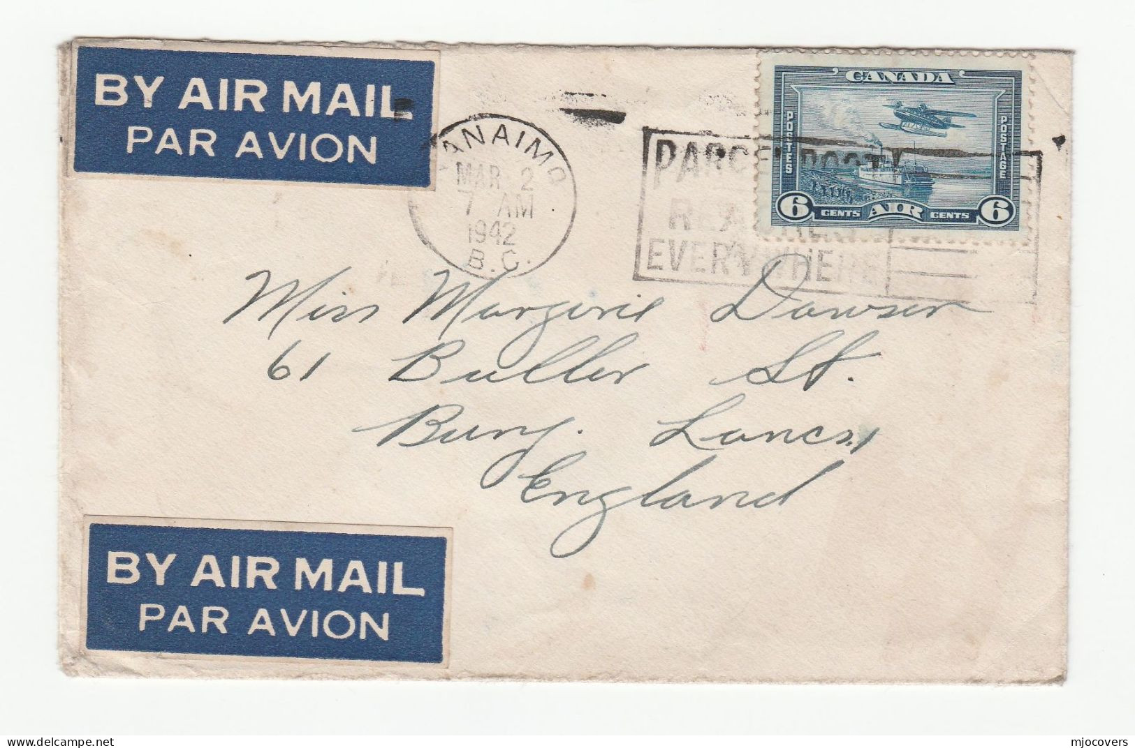 1944  COVER  4  Airmail Labels ,  Emblem  On The Back  (military?) CANADA Air Mail Nanaimo To GB Stamps Flag - Cartas & Documentos