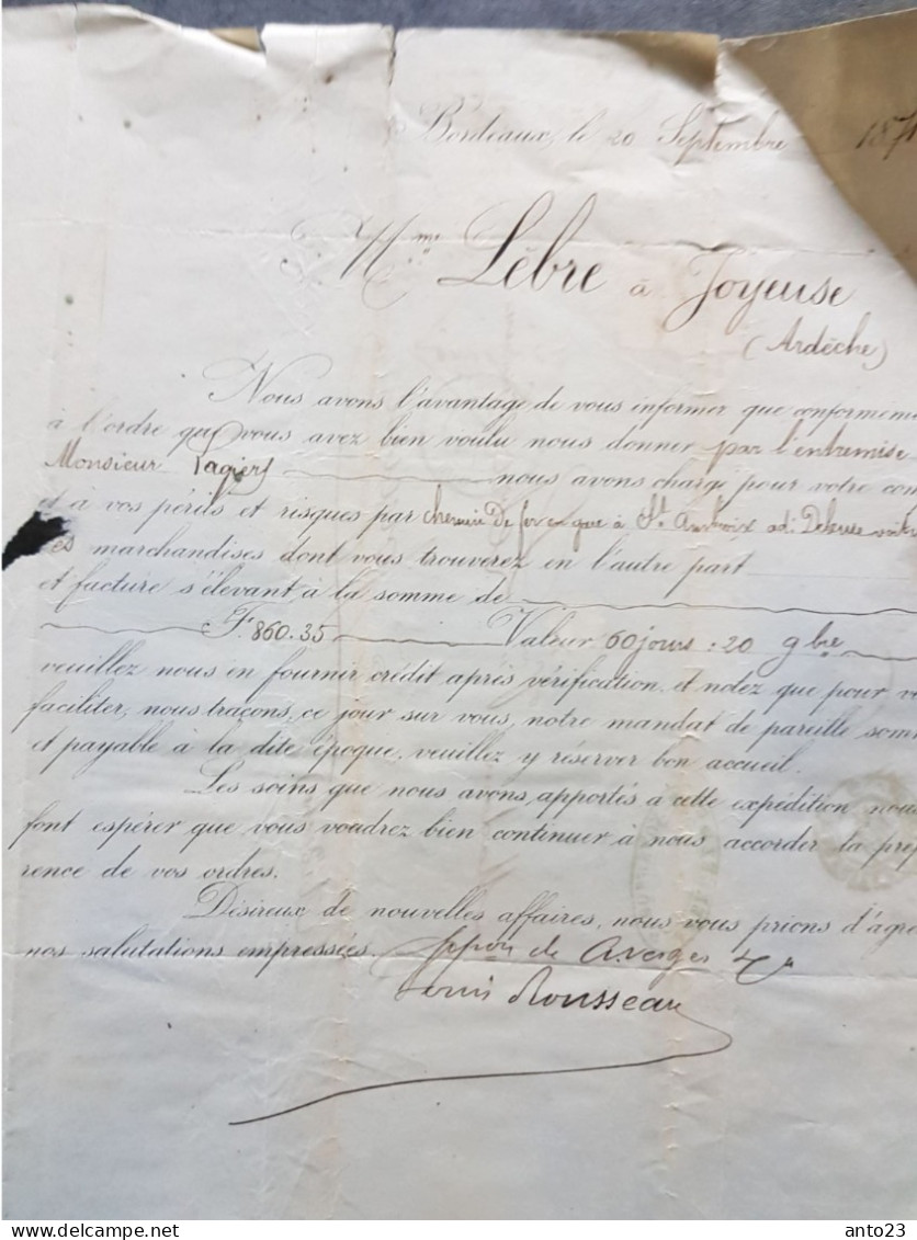 Facture Commerciale Vergez Et Cie A Bordeaux Pour Du Café Et Du Poivre De 1871 Lettre Pour Joyeuse Ardèche / Cérès - Landbouw