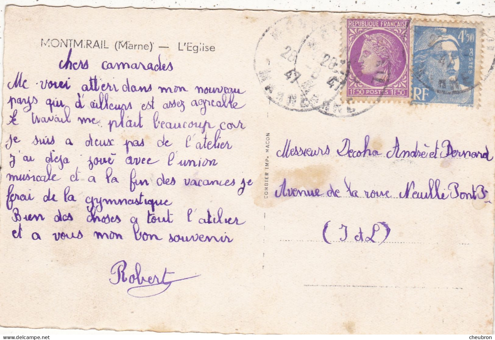 51. MONTMIRAIL. CPA  L'EGLISE.. ANNEE 1947 + TEXTE - Montmirail