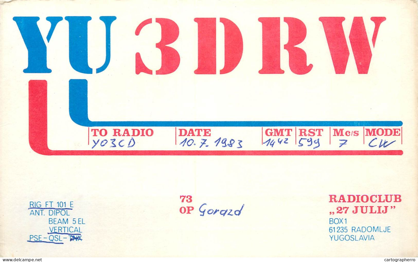 Yugoslavia Radio Amateur QSL Post Card Y03CD YU3DRW - Radio Amatoriale