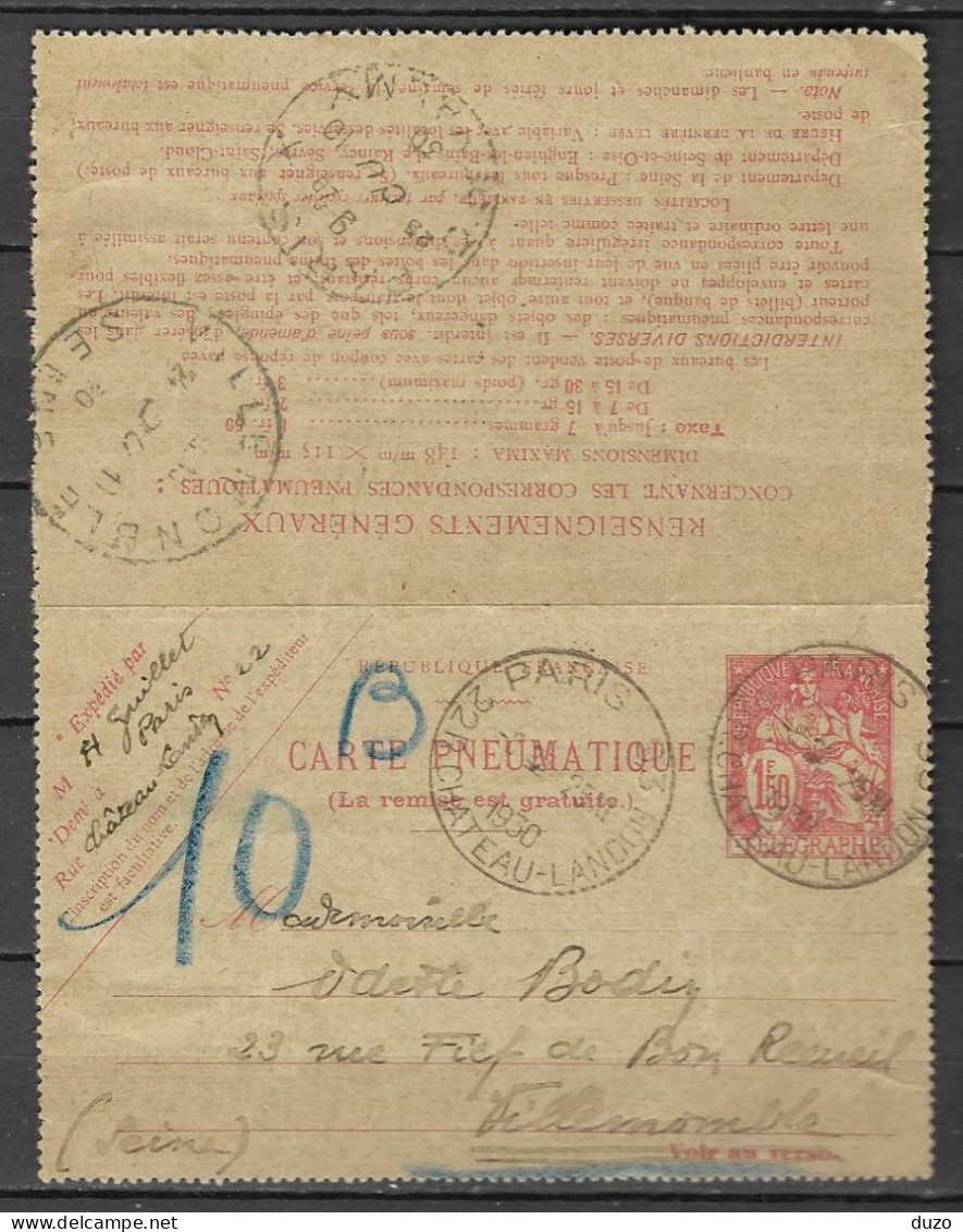 1◙  France - Paris 22 Rue Château Landon  Carte Pneumatique 1F50 Chaplain 25/10/1930. - Pneumatic Post