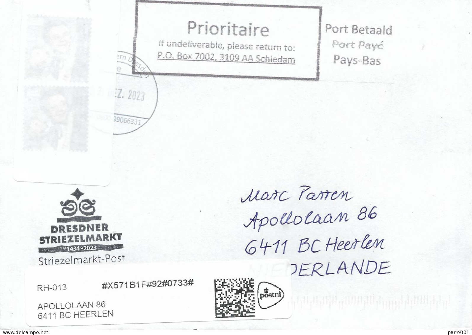 Deutschland Germany 2023 Dresden Striezelmarkt Christmas Kanguru Private Operator PostNL Return Address Cover - Privées & Locales