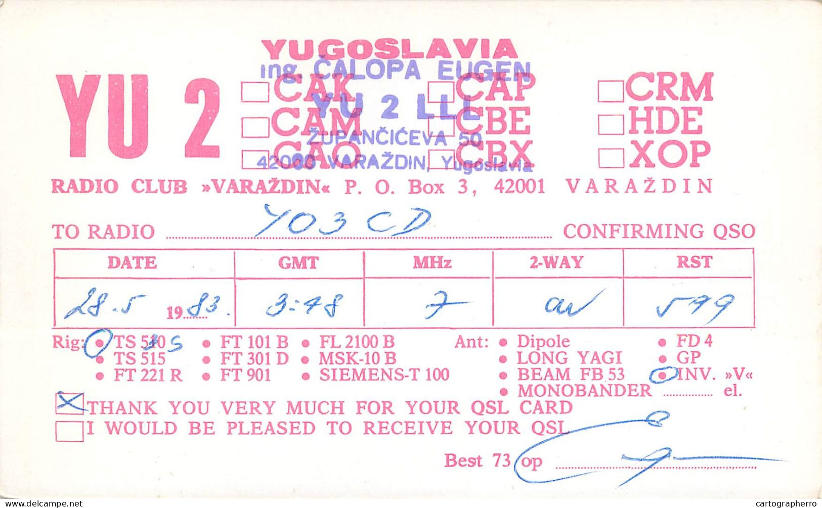 Yugoslavia Radio Amateur QSL Post Card Y03CD YU2CAK - Radio Amateur