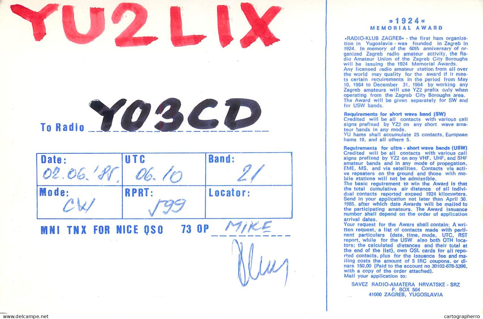 Yugoslavia Radio Amateur QSL Post Card Y03CD YU2LIX - Radio Amatoriale