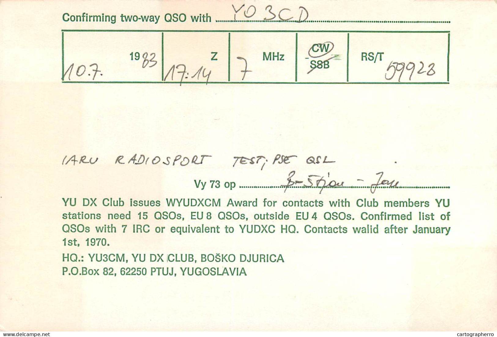 Yugoslavia Radio Amateur QSL Post Card Y03CD YU3FOP - Radio Amatoriale