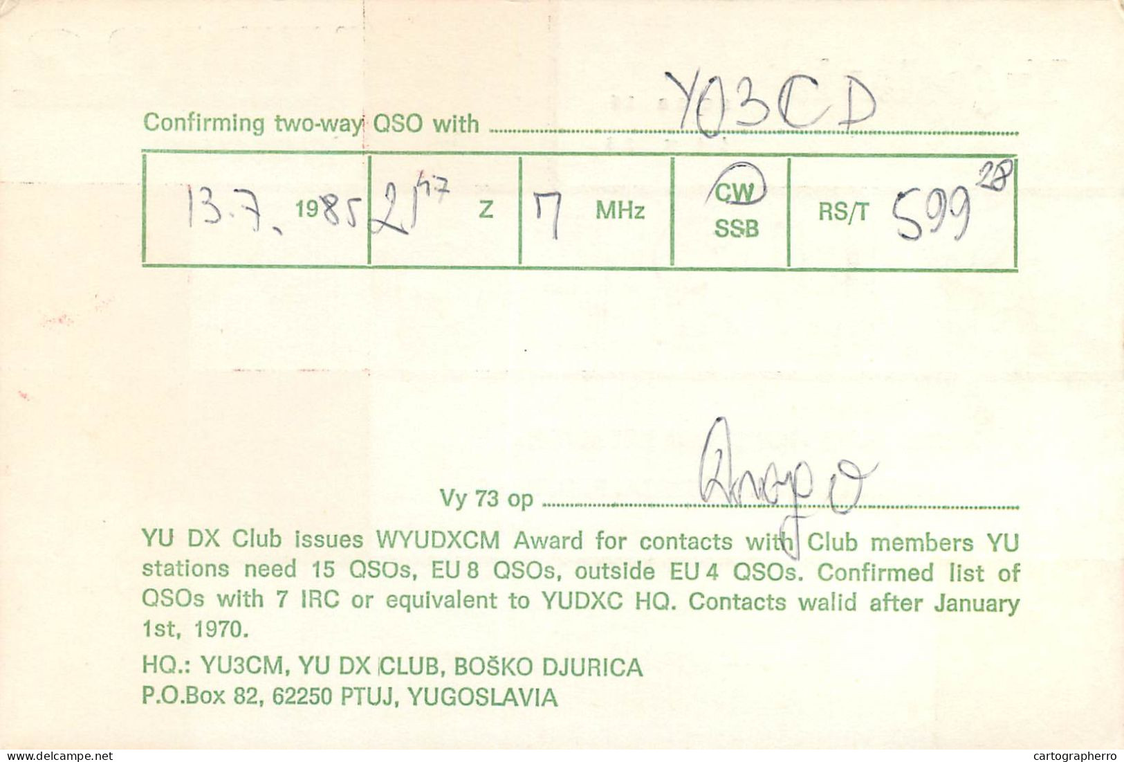 Yugoslavia Radio Amateur QSL Post Card Y03CD YU3FOP - Radio Amatoriale