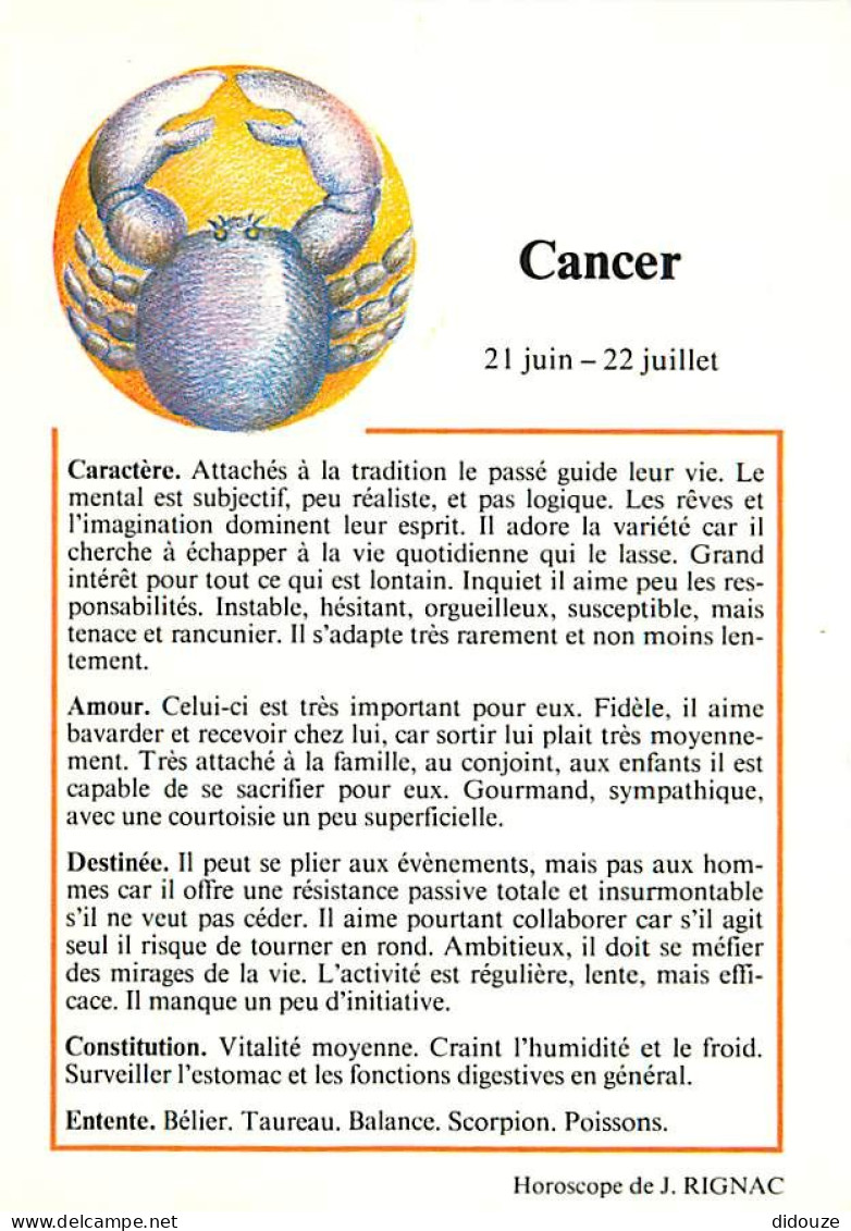 Astrologie - Horoscope De J Rignac - Cancer - CPM - Carte Neuve - Voir Scans Recto-Verso - Astrologia