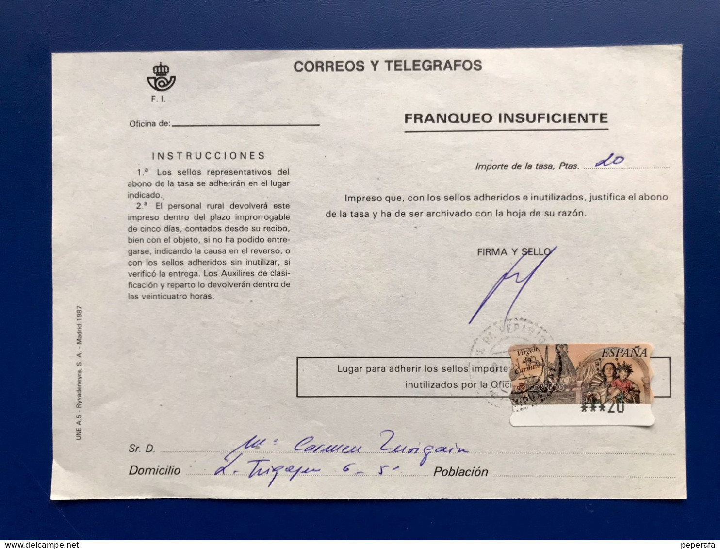 España Spain 1999, ATM VIRGEN DEL CARMEN, DOCUMENTO POSTAL FRANQUEO INSUFICIENTE 20 PTS, EPELSA, RARO!!! - Machine Labels [ATM]