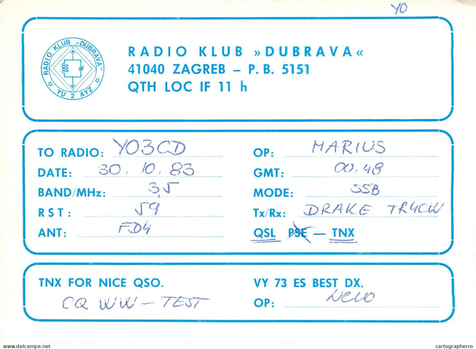 Yugoslavia Radio Amateur QSL Post Card Y03CD YU2AYZ - Radio Amatoriale