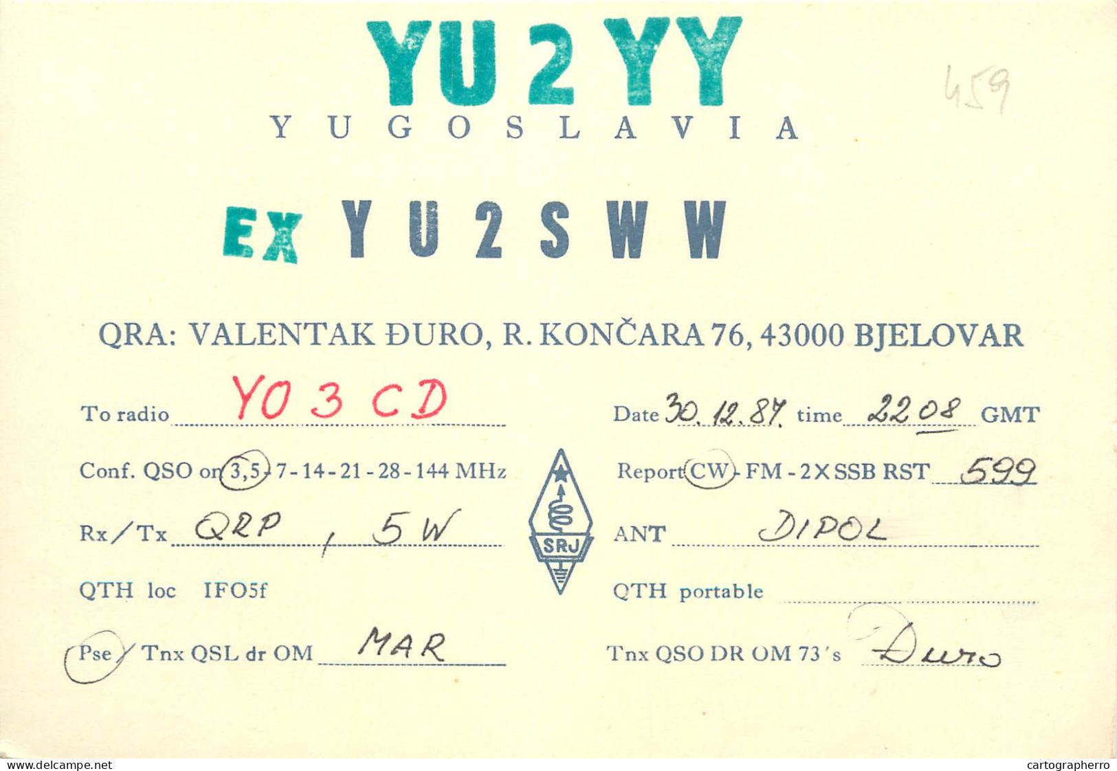 Yugoslavia Radio Amateur QSL Post Card Y03CD YU2SWW - Radio Amatoriale