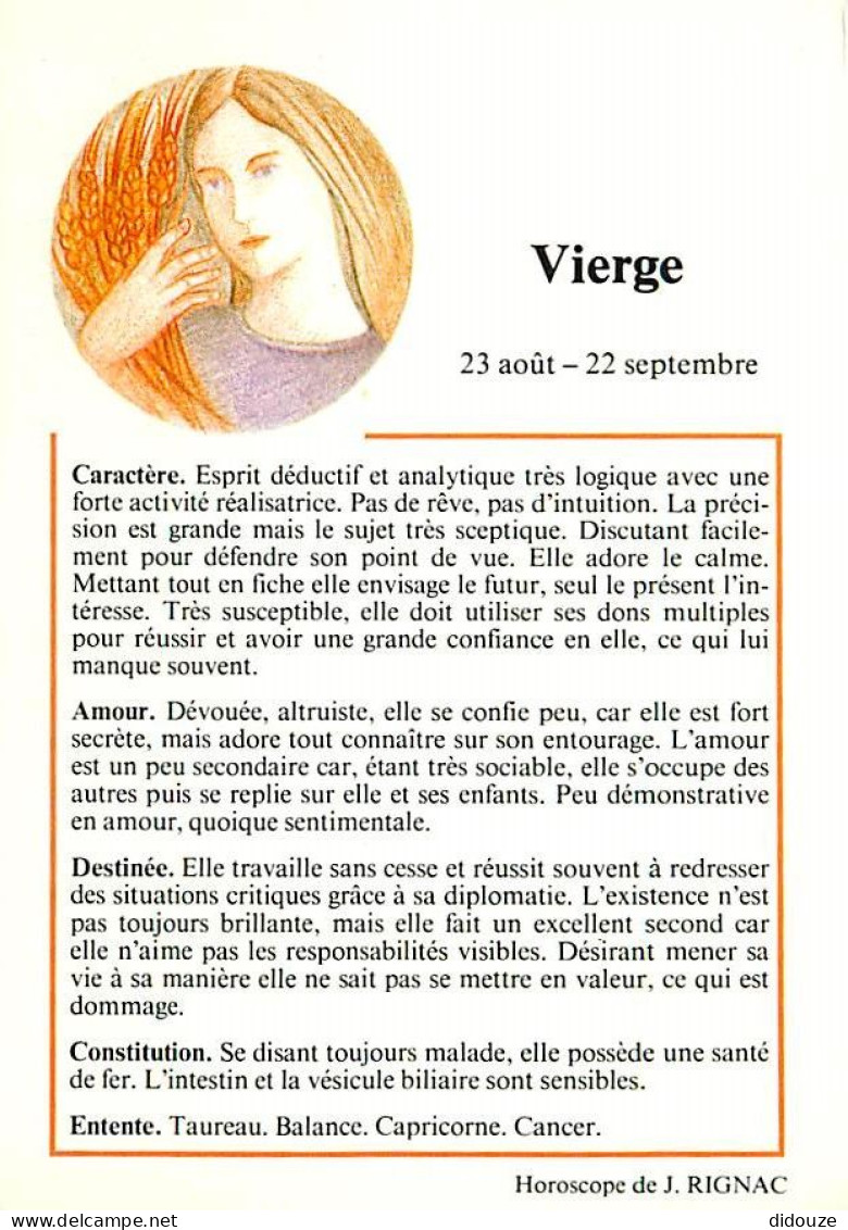 Astrologie - Horoscope De J Rignac - Vierge - CPM - Carte Neuve - Voir Scans Recto-Verso - Astrología