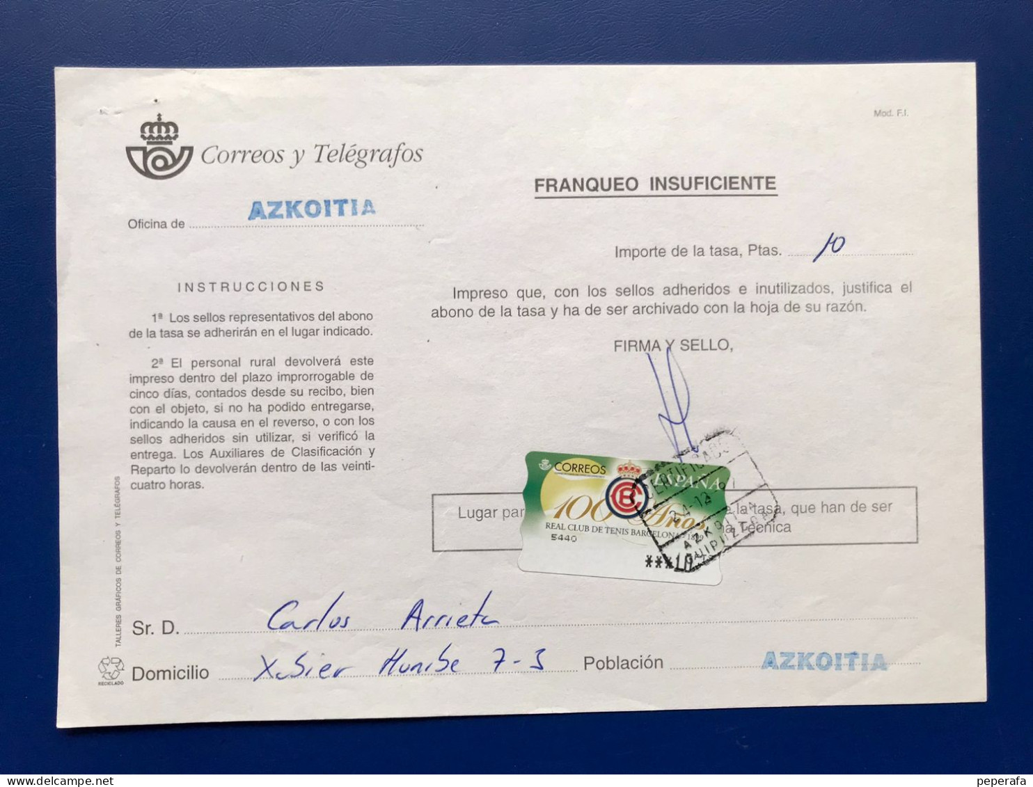 España Spain 1999, ATM 100 AÑOS RC TENIS BARCELONA, DOCUMENTO POSTAL FRANQUEO INSUFICIENTE 10 PTS, EPELSA, RARO!!! - Automatenmarken [ATM]