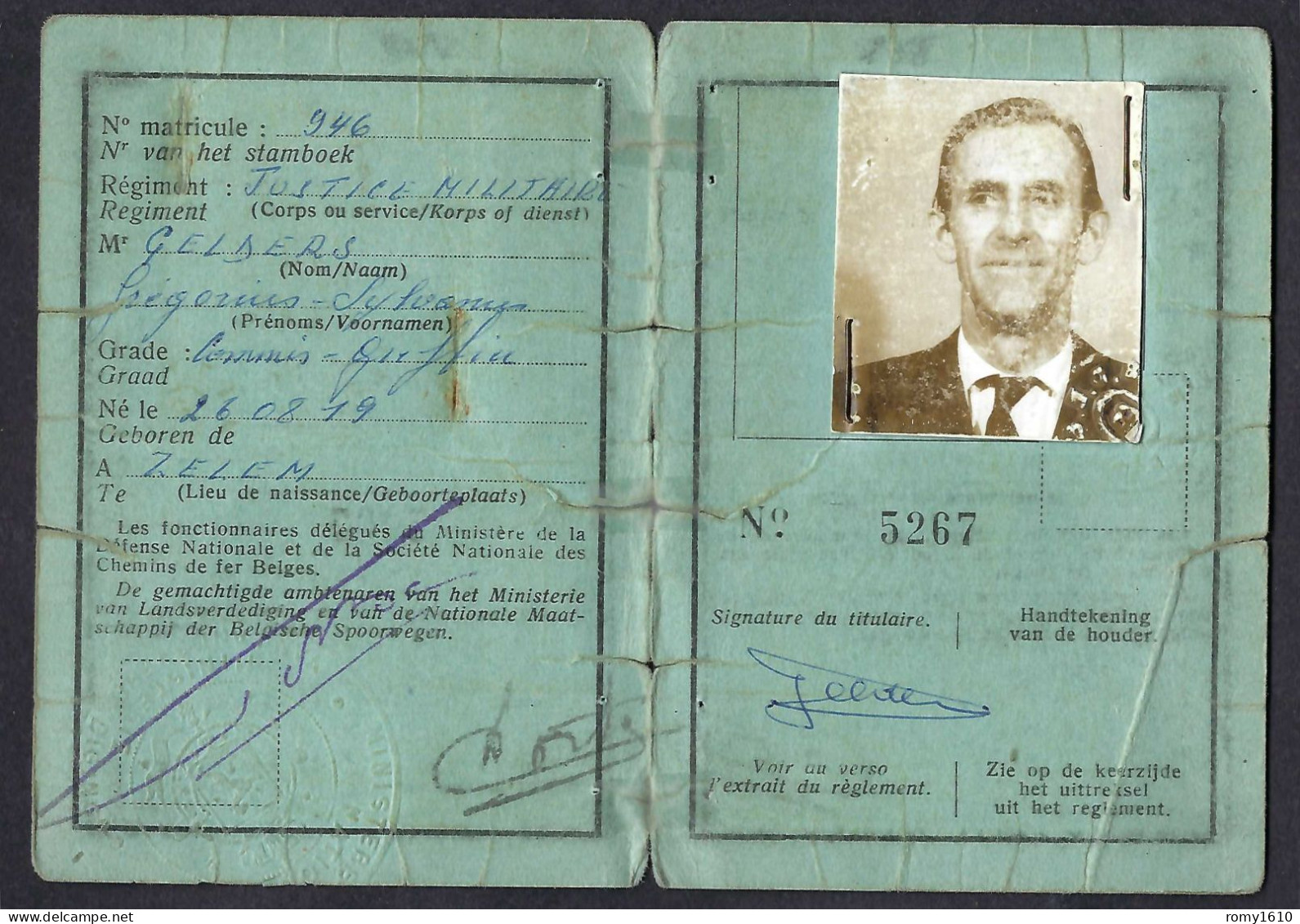Carte D'Identité Officier De L'Active, Donnant Droit Au Transport à Prix Réduit, Chemin De Fer, Vicinaux  Belges.1959-69 - Autres & Non Classés