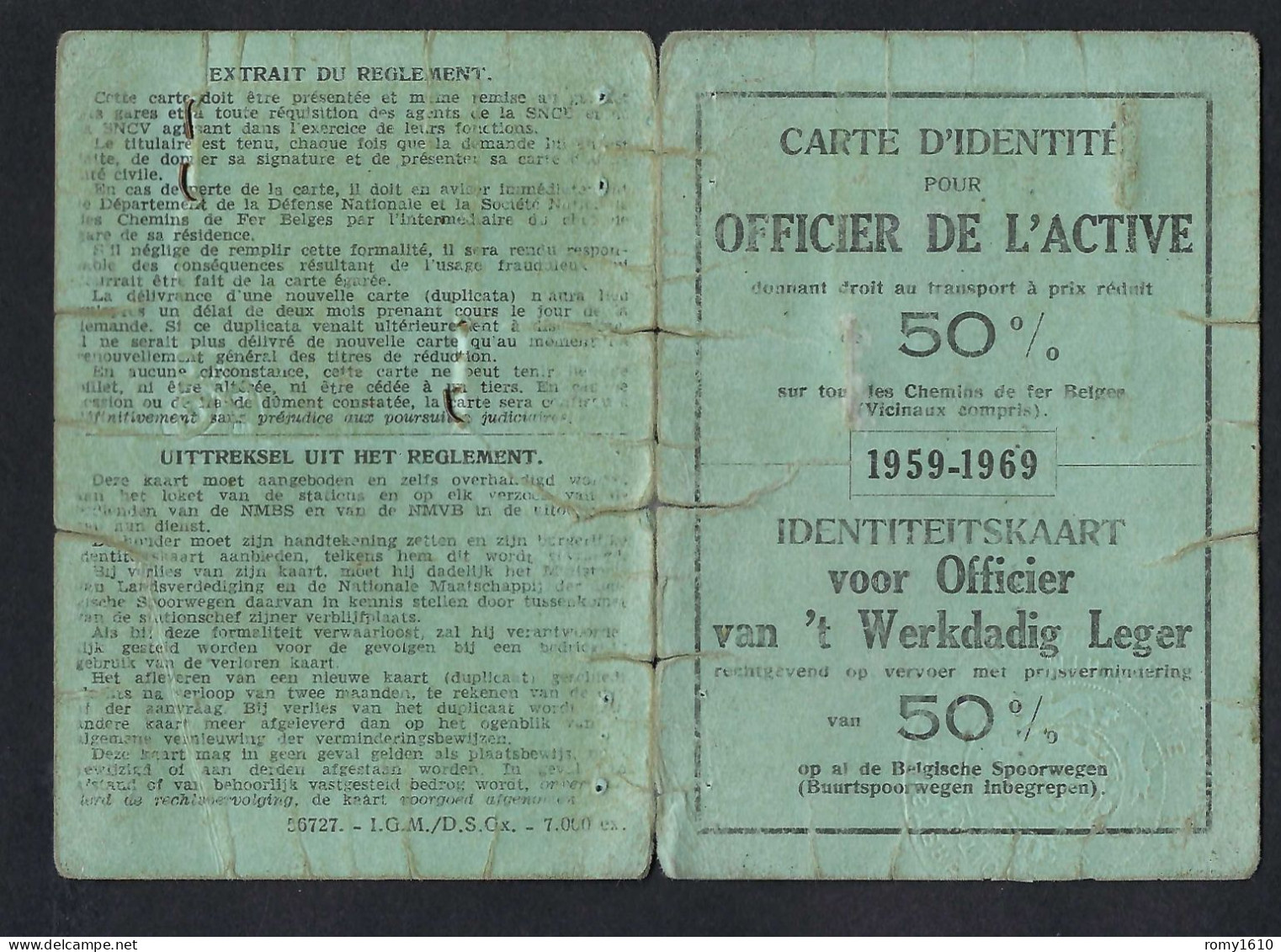 Carte D'Identité Officier De L'Active, Donnant Droit Au Transport à Prix Réduit, Chemin De Fer, Vicinaux  Belges.1959-69 - Other & Unclassified