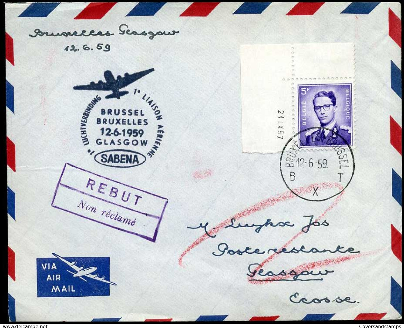 SABENA Eerste Vlucht Brussel-Glasgow 12/6/1959 - Altri & Non Classificati