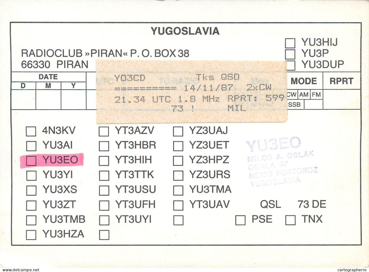 Yugoslavia Radio Amateur QSL Post Card Y03CD YU3EO - Amateurfunk