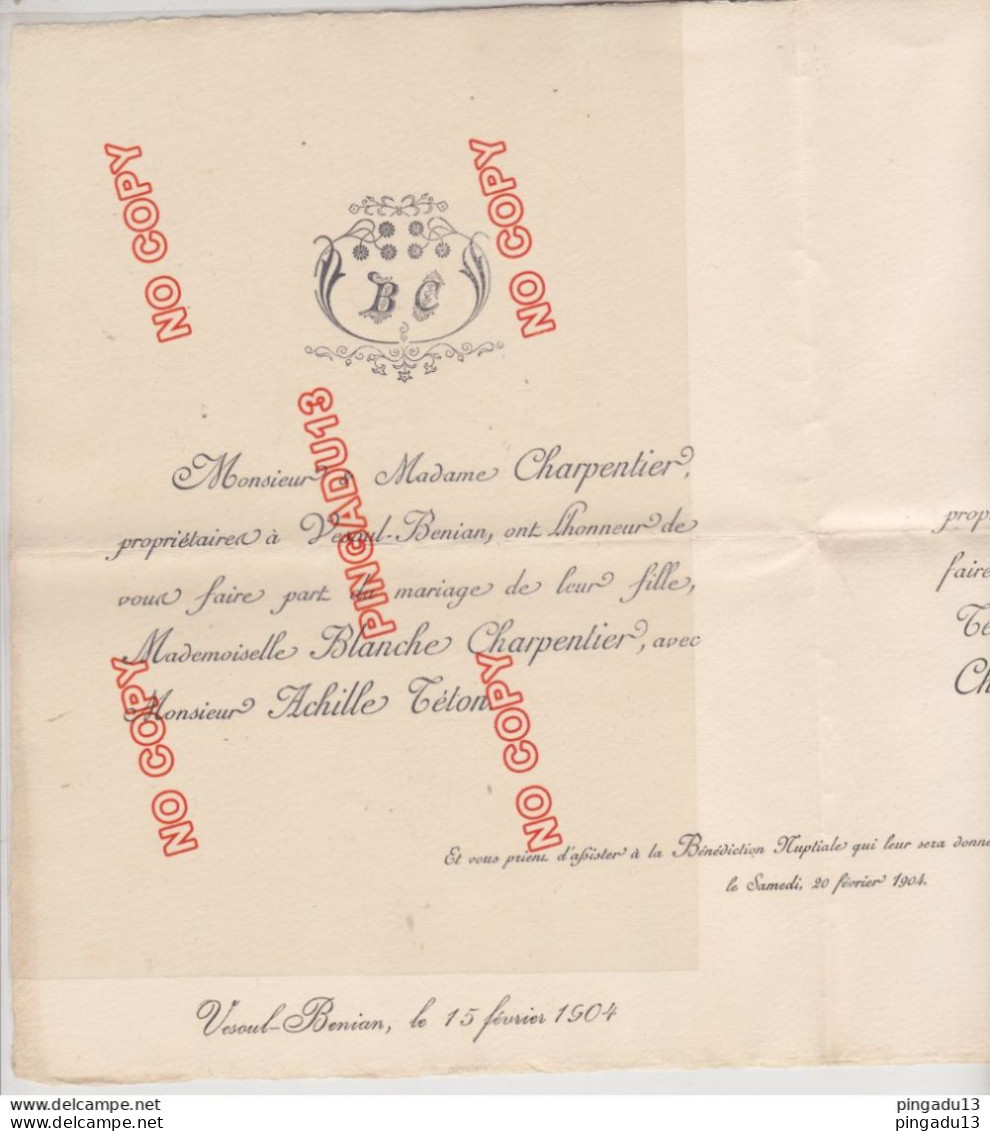 Algérie Vesoul Benian Aïn Sultan 15 Février 1904 Faire-part Mariage Famille Charpentier Et Téton Excellent état - Mariage