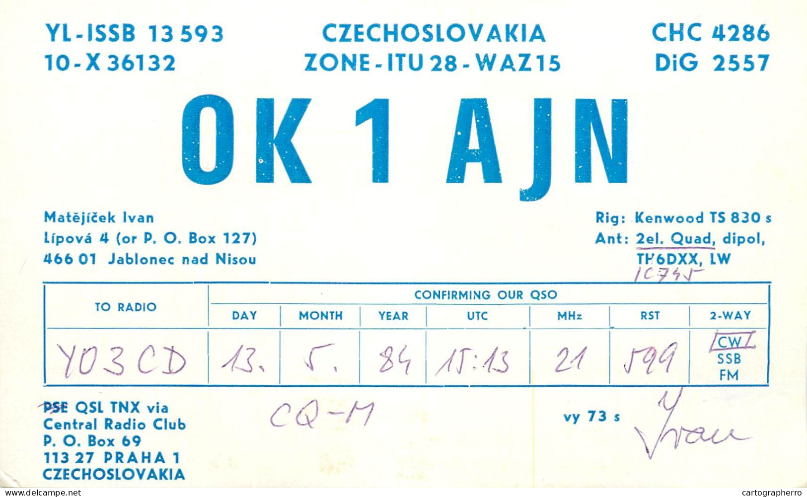 Radio Amateur QSL Post Card Czechoslovakia Y03CD OK1AJN - Radio Amatoriale
