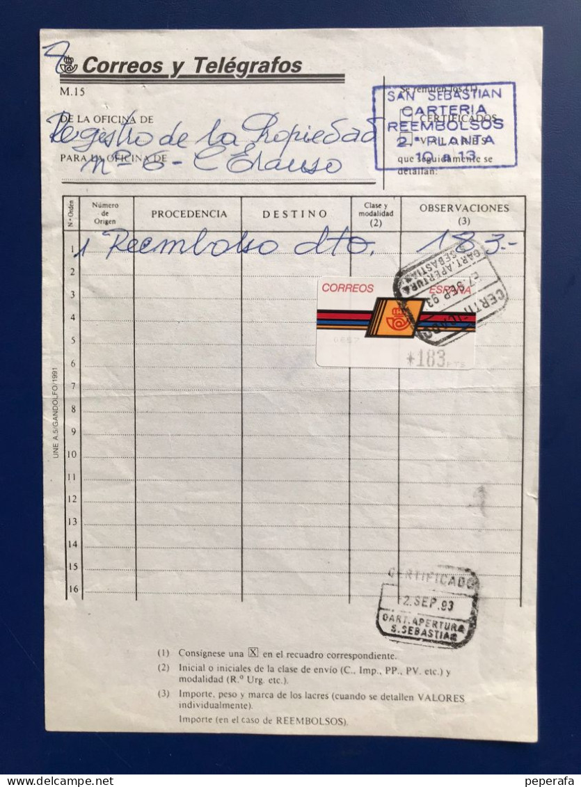 España Spain 1992, ATM EMBLEMA DE CORREOS, DOCUMENTO POSTAL REEMBOLSO 183 PTS, EPELSA, RARO!!! - Machine Labels [ATM]