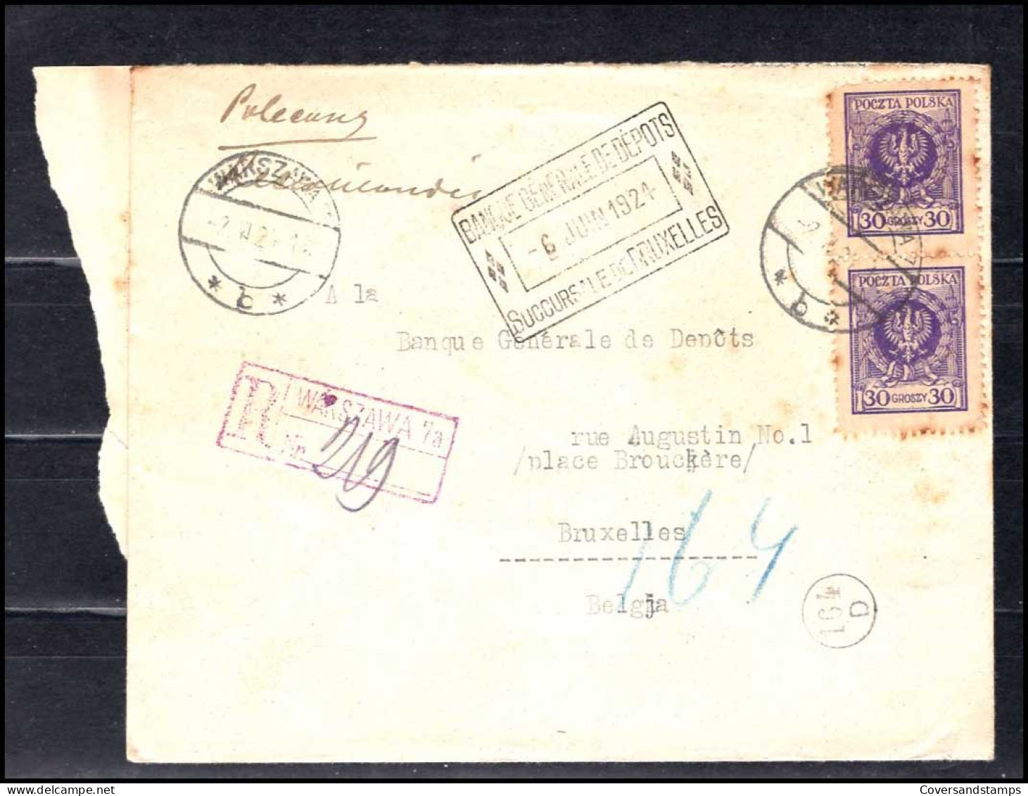 Polen - Cover From Warszawa To Bruxelles, Belgium - Banque Générale De Dépôts - Storia Postale