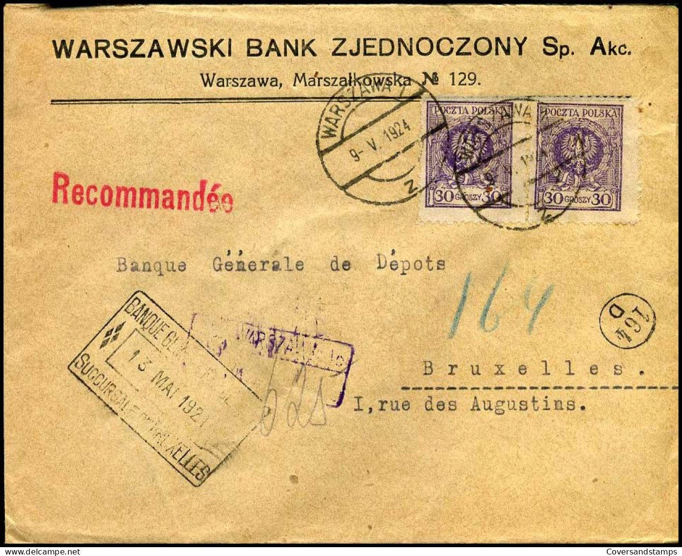 Polen - Cover From Warszawa To Bruxelles, Belgium - Banque Générale De Dépôts -- Lakstempels - Lettres & Documents