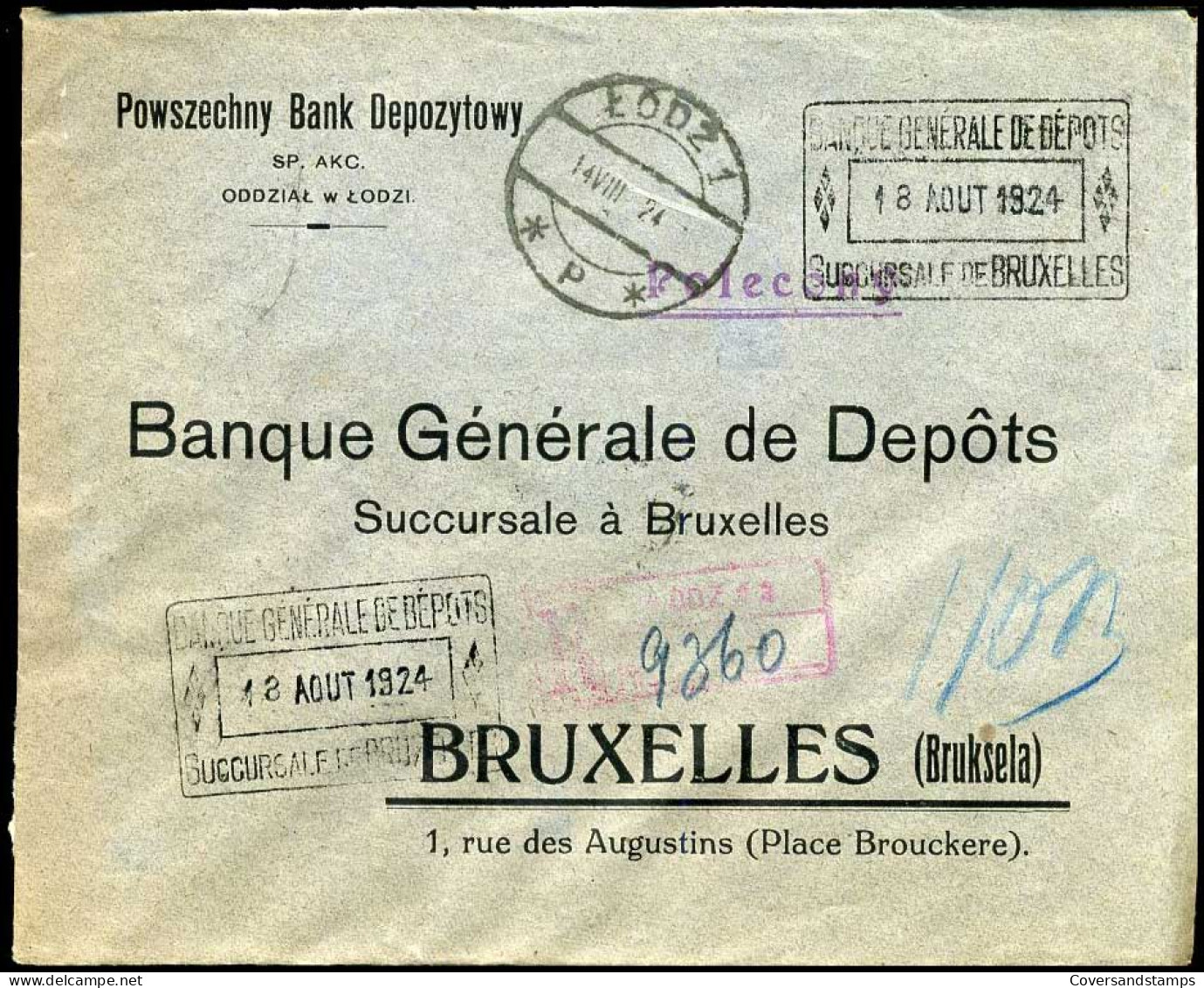 Polen - Cover  To Bruxelles, Belgium - Banque Générale De Dépôts  - Lettres & Documents
