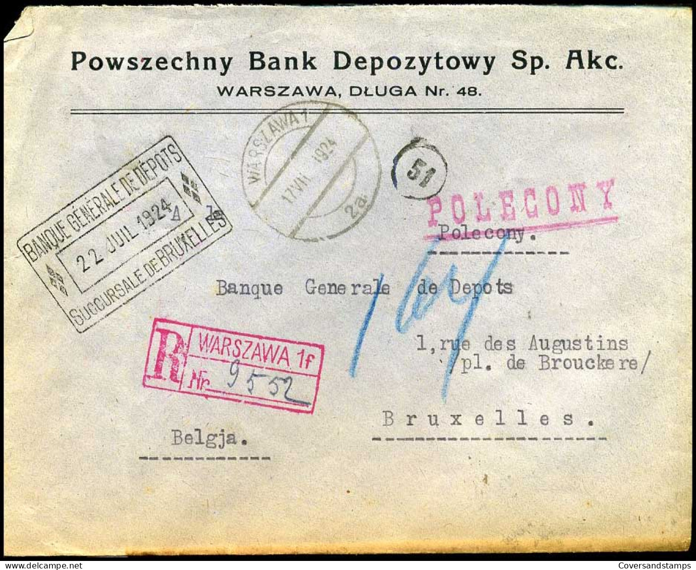 Polen - Cover  To Bruxelles, Belgium - Banque Générale De Dépôts  - Lettres & Documents