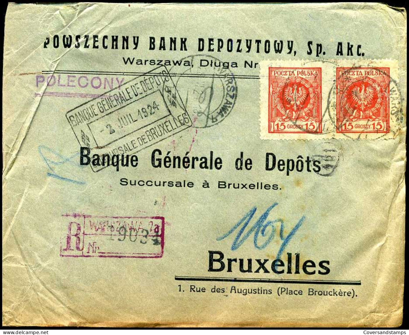 Polen - Cover  To Bruxelles, Belgium - Banque Générale De Dépôts  - Lettres & Documents