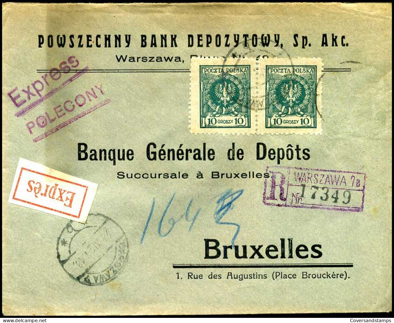 Polen - Cover  To Bruxelles, Belgium - Banque Générale De Dépôts , Lakzegel - Storia Postale