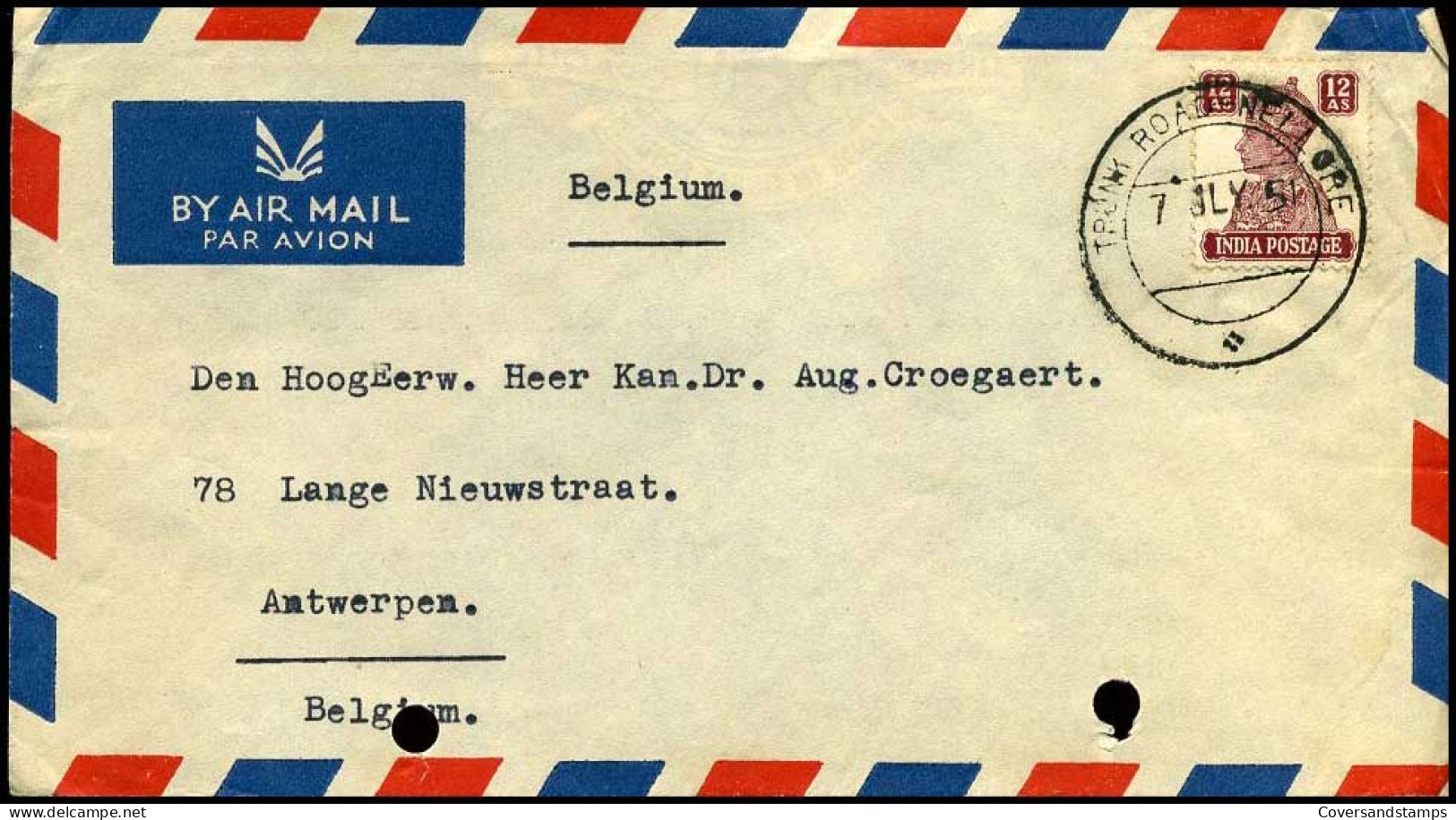 India - Cover To Antwerp, Belgium - Briefe U. Dokumente