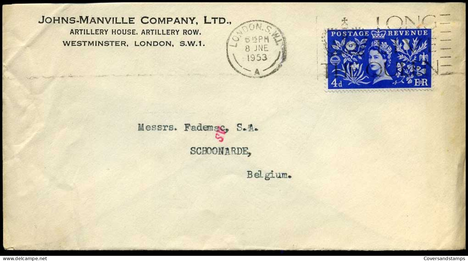 Great-Britain - Cover To Schoonaarde, Belgium -- Johns-Manville Company LTD - Lettres & Documents