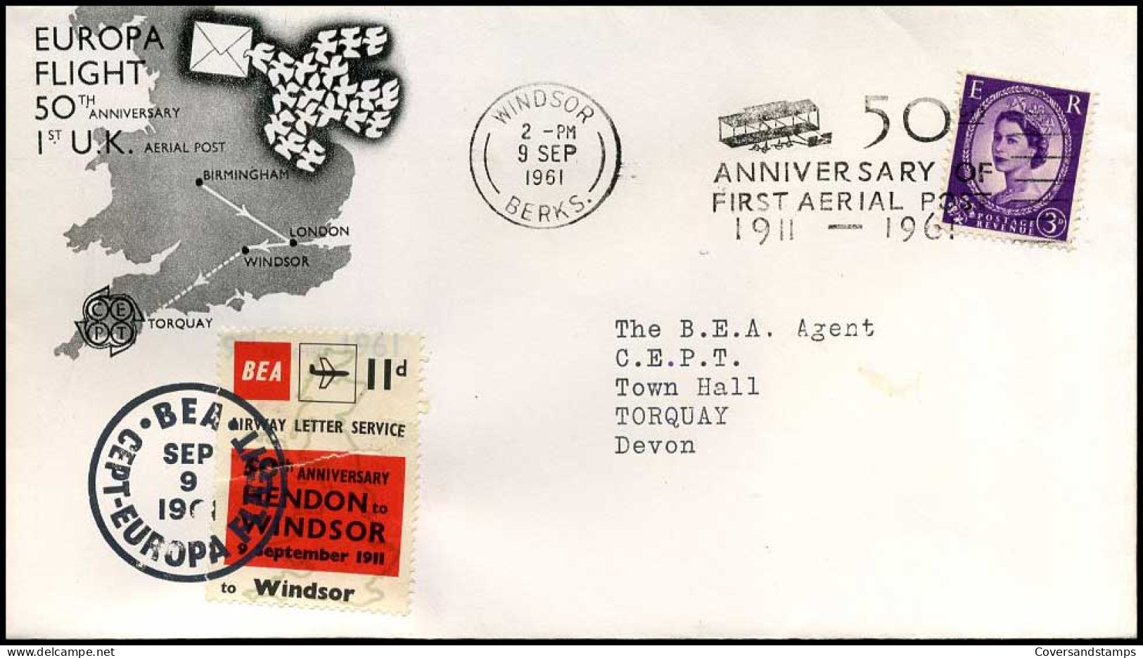 Great-Britain - Cover To Torquay -- Europa Flight, 50th Anniversary 1st UK Aerial Post - Lettres & Documents