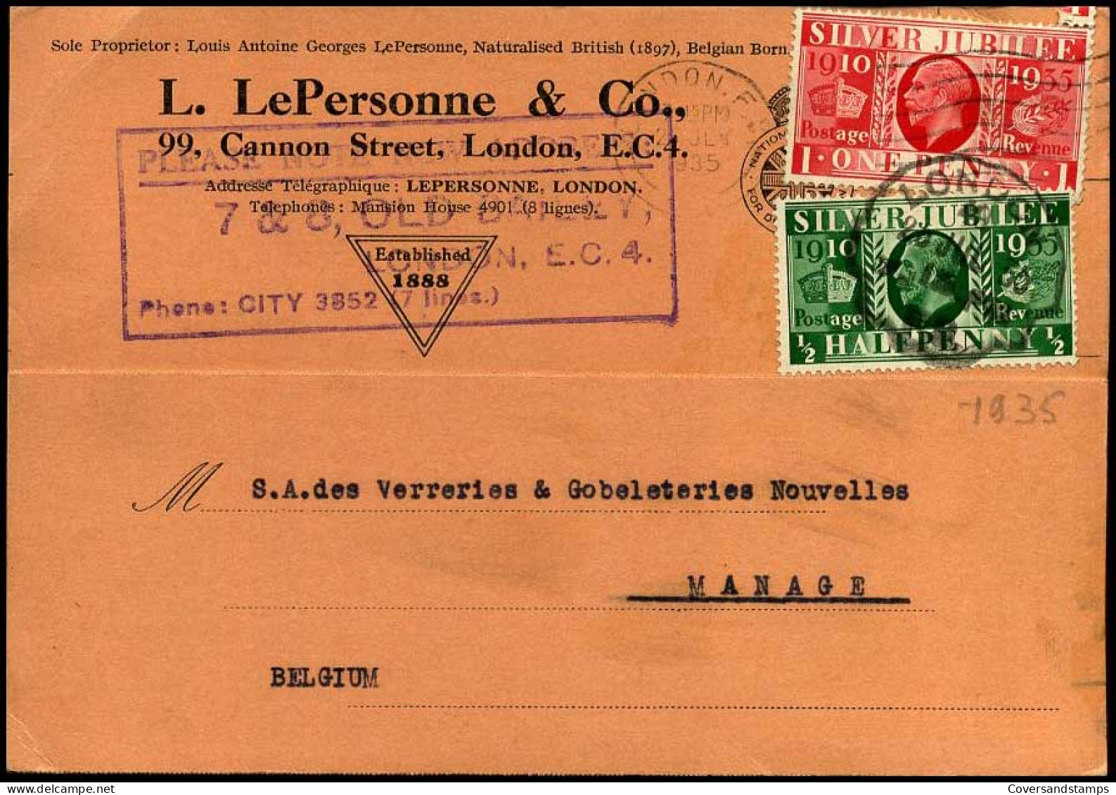 Great-Britain - Postcard To Belgium -- L. LePersonne & Co, London - Lettres & Documents