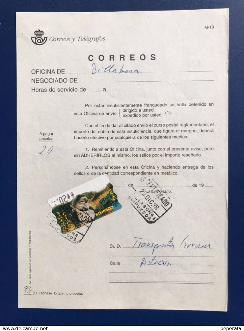 España Spain 1998, ATM FÉLIX RODRÍGUEA DE LA FUENTE, DOCUMENTO POSTAL REEMBOLSO 20 PTS, EPELSA, RARO!!! - Machine Labels [ATM]