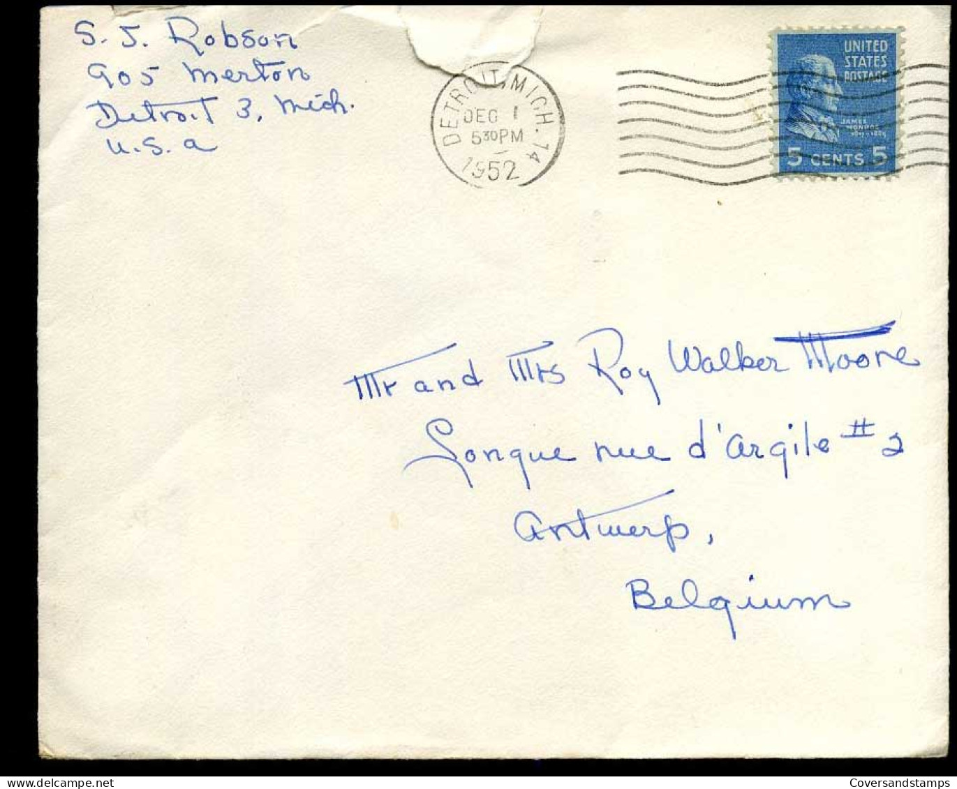 USA - Cover From Detroit To Antwerp, Belgium - Lettres & Documents