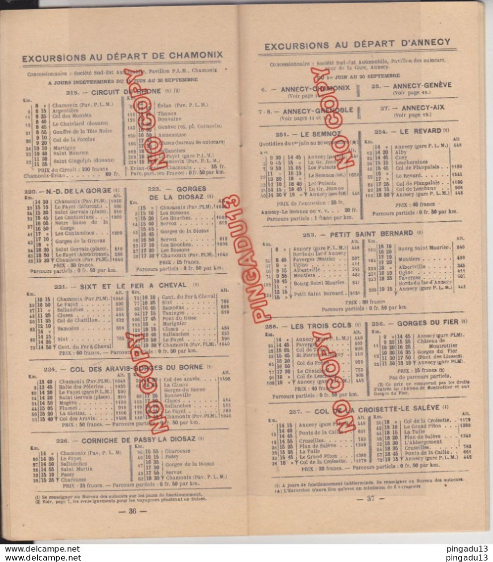 Fixe Autocars PLM Horaires Indicateur 1935 Excursions Chamonix Corse Aix Les Bains ... - Europa