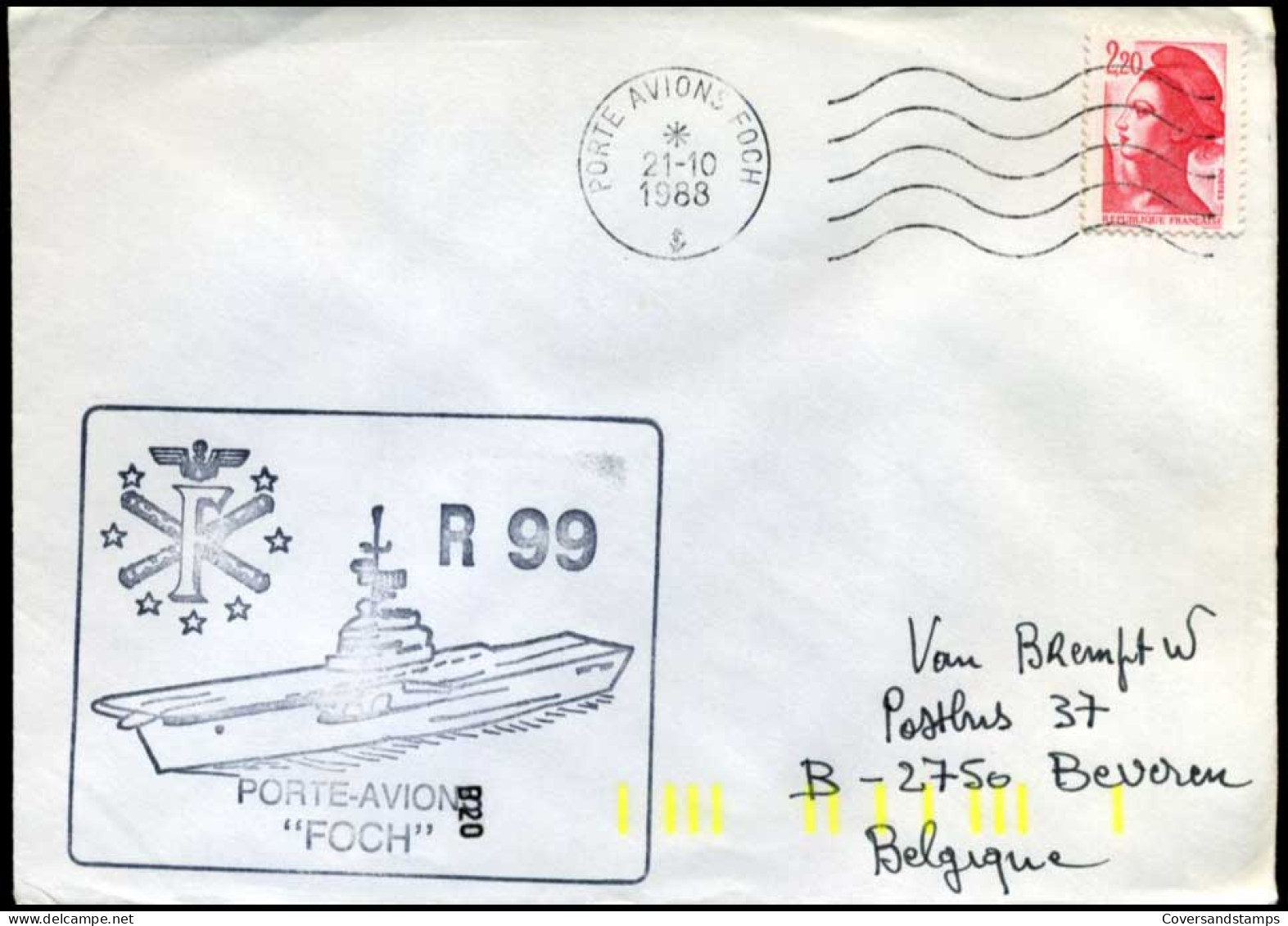 France - Cover To Beveren, Belgium -- R99, Porte-avions "Foch" - Lettres & Documents