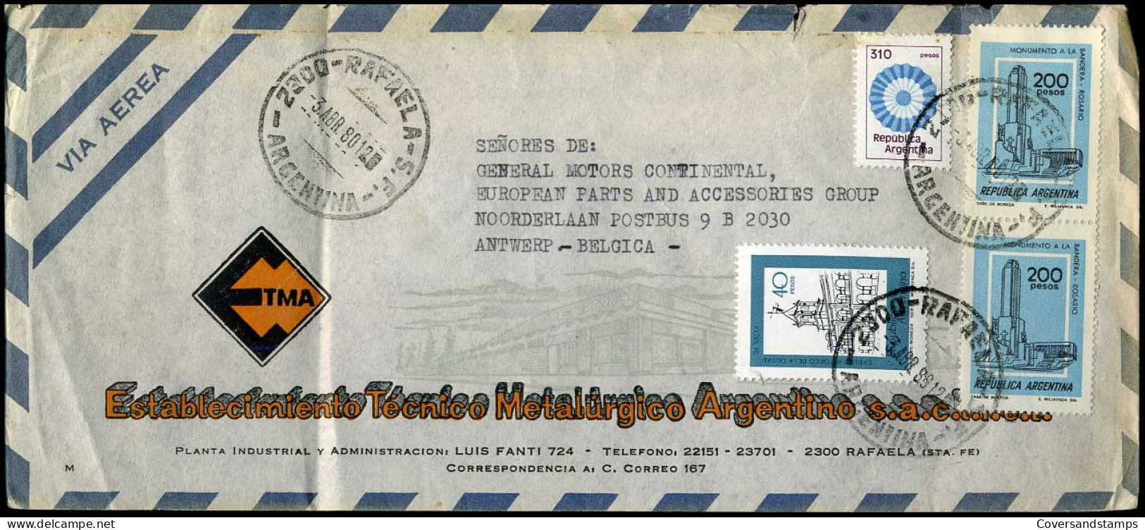 Argentina - Cover To Antwerp, Belgium -- Establecimiento Tecnico Metalurgico Argentino S.A. - Covers & Documents