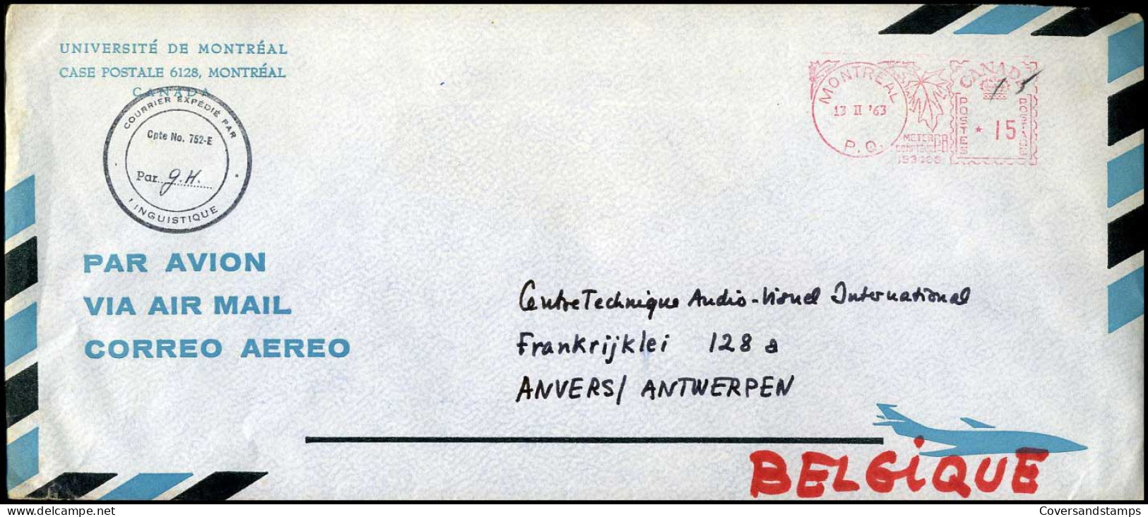 Canada - Cover To Antwerp, Belgium -- Université De Montréal - Cartas & Documentos