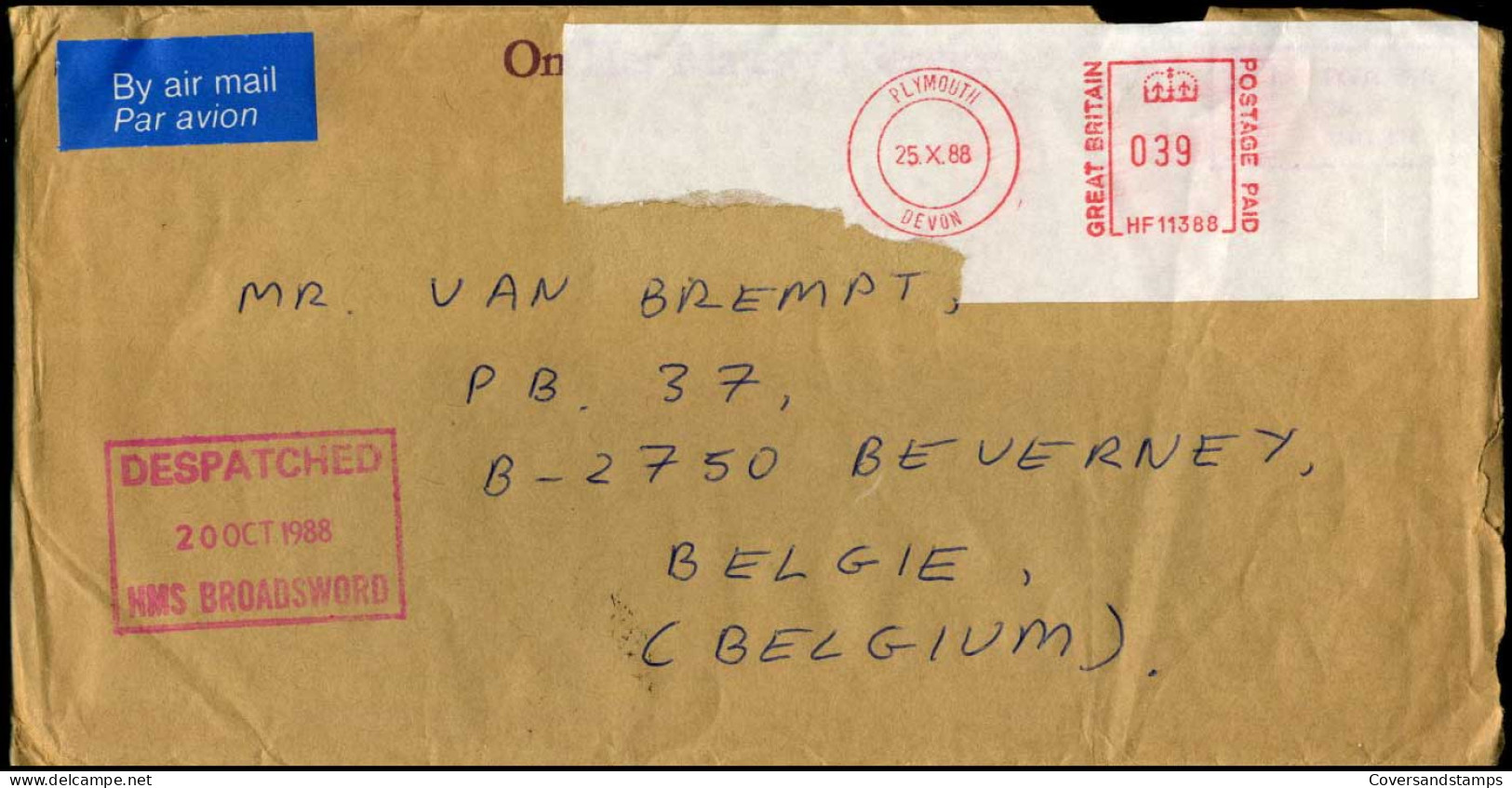 Great-Britain - Cover To Beveren, Belgium -- HMS Broadsword - Brieven En Documenten