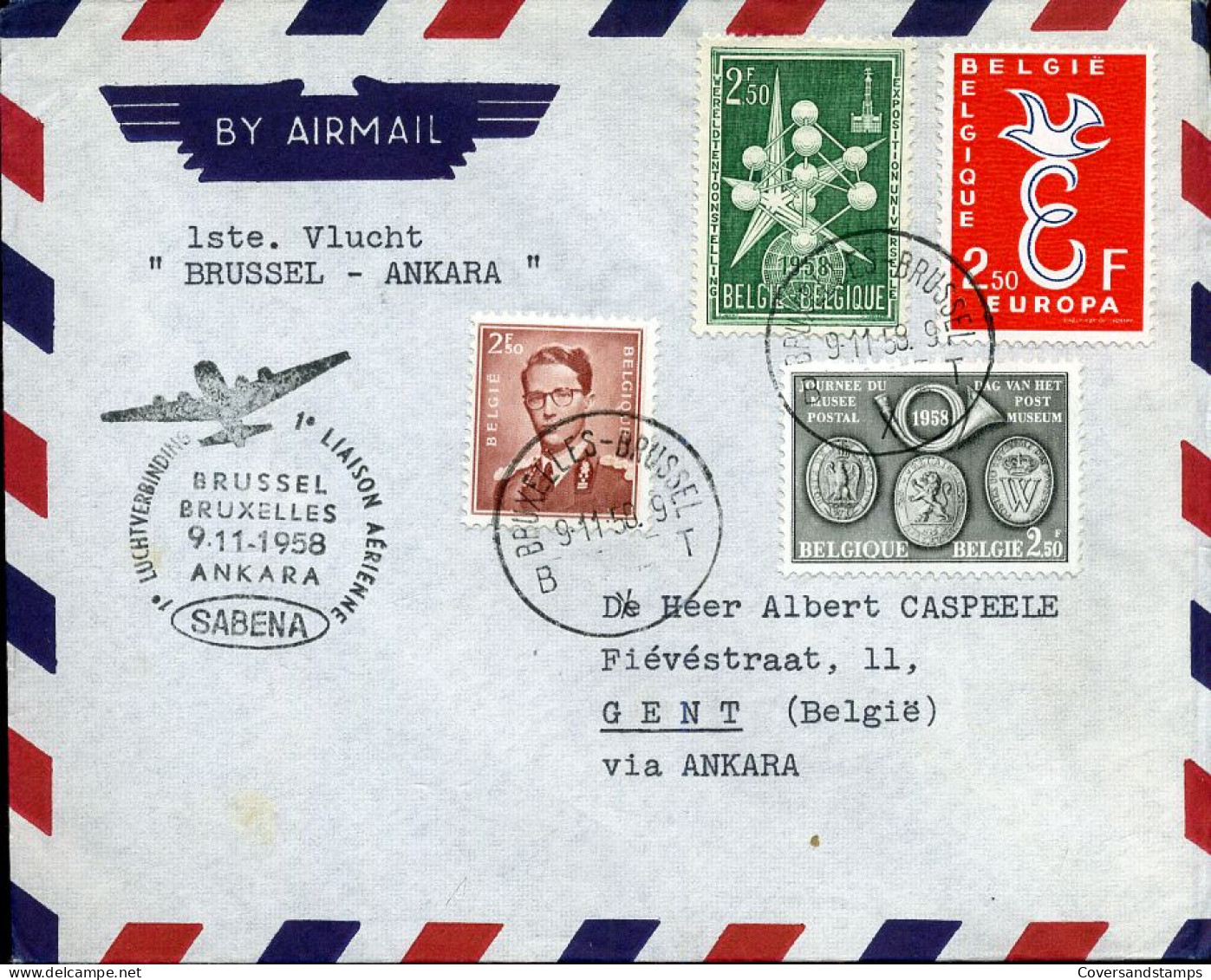 Eerste Luchtverbinding - Brussel-Ankara,  SABENA 9/11/1958 - Lettres & Documents