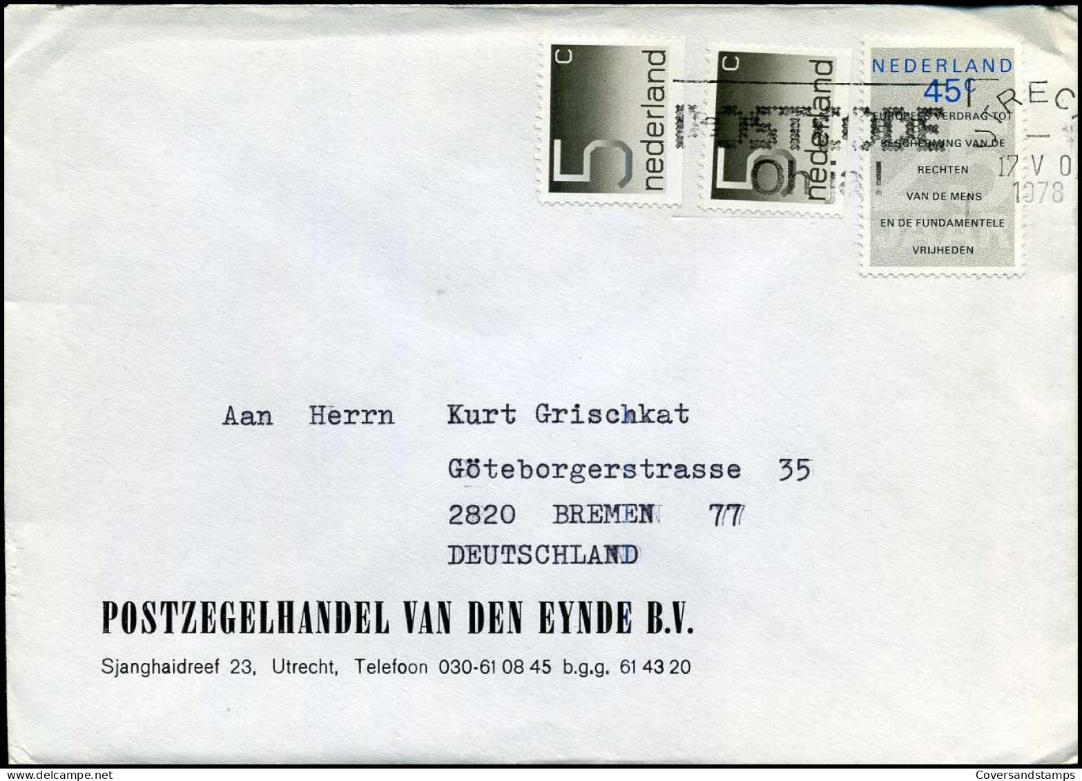 Cover Naar Bremen, Duitsland - "Postzegelhandel Van Den Eynde B.V., Utrecht" - Cartas & Documentos