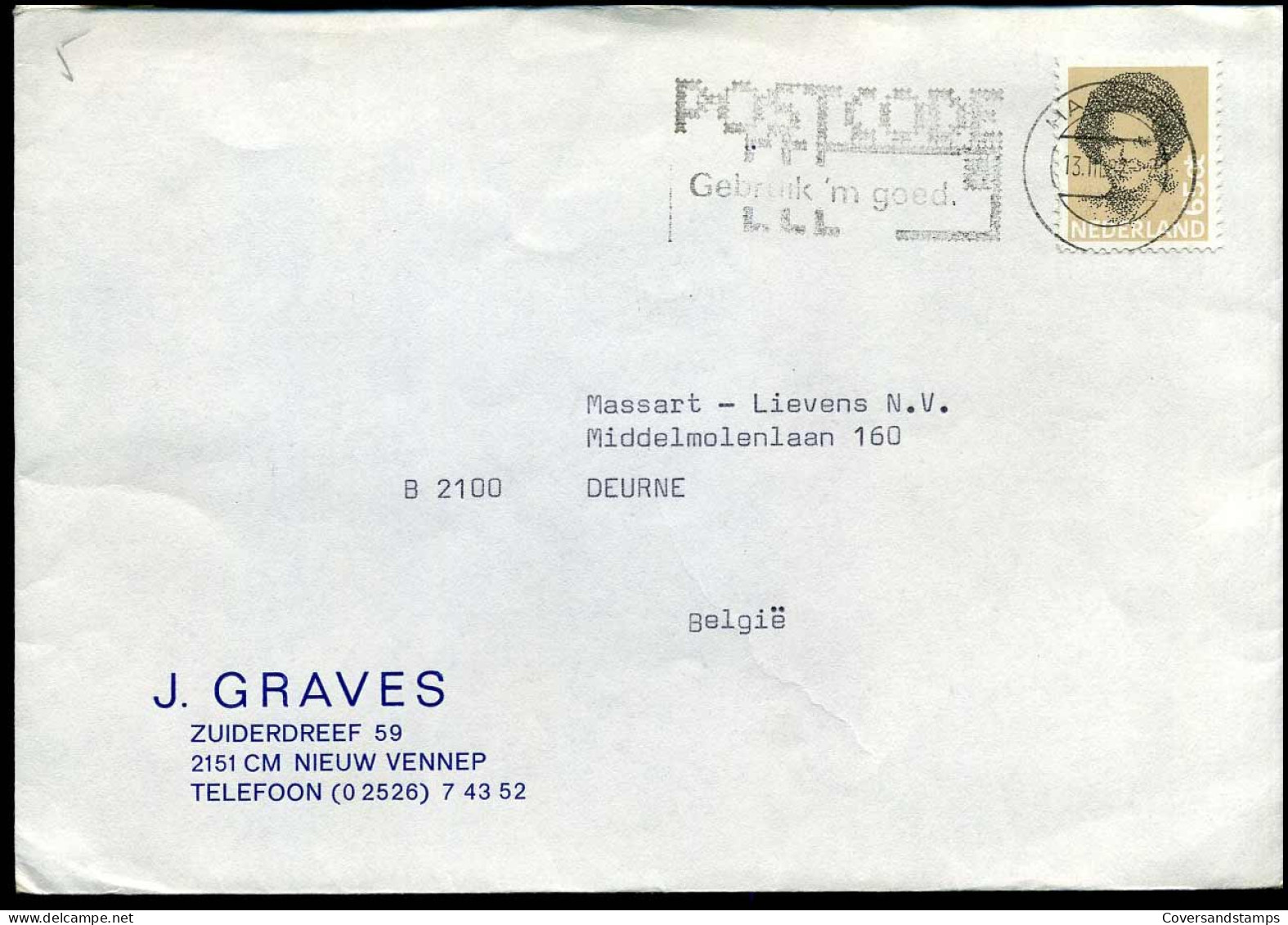 Cover Naar Deurne, België - "J. Graves, Nieuw Vennep" - Lettres & Documents