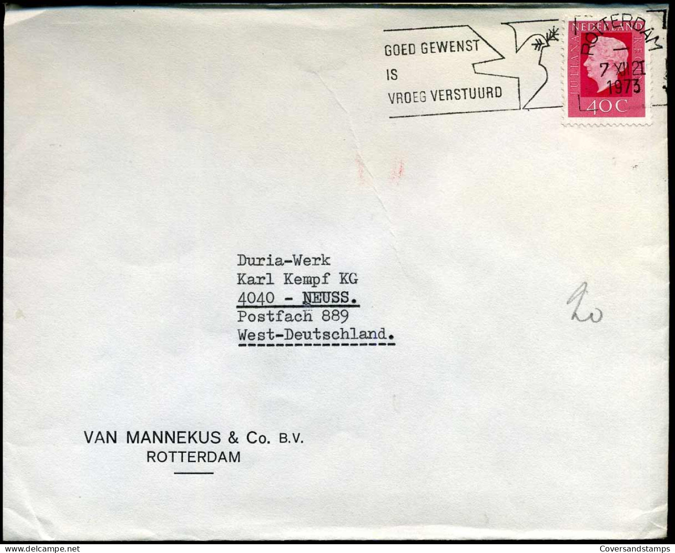 Cover Naar Neuss, Duitsland - "Van Mannekus & Co, Rotterdam" - Covers & Documents