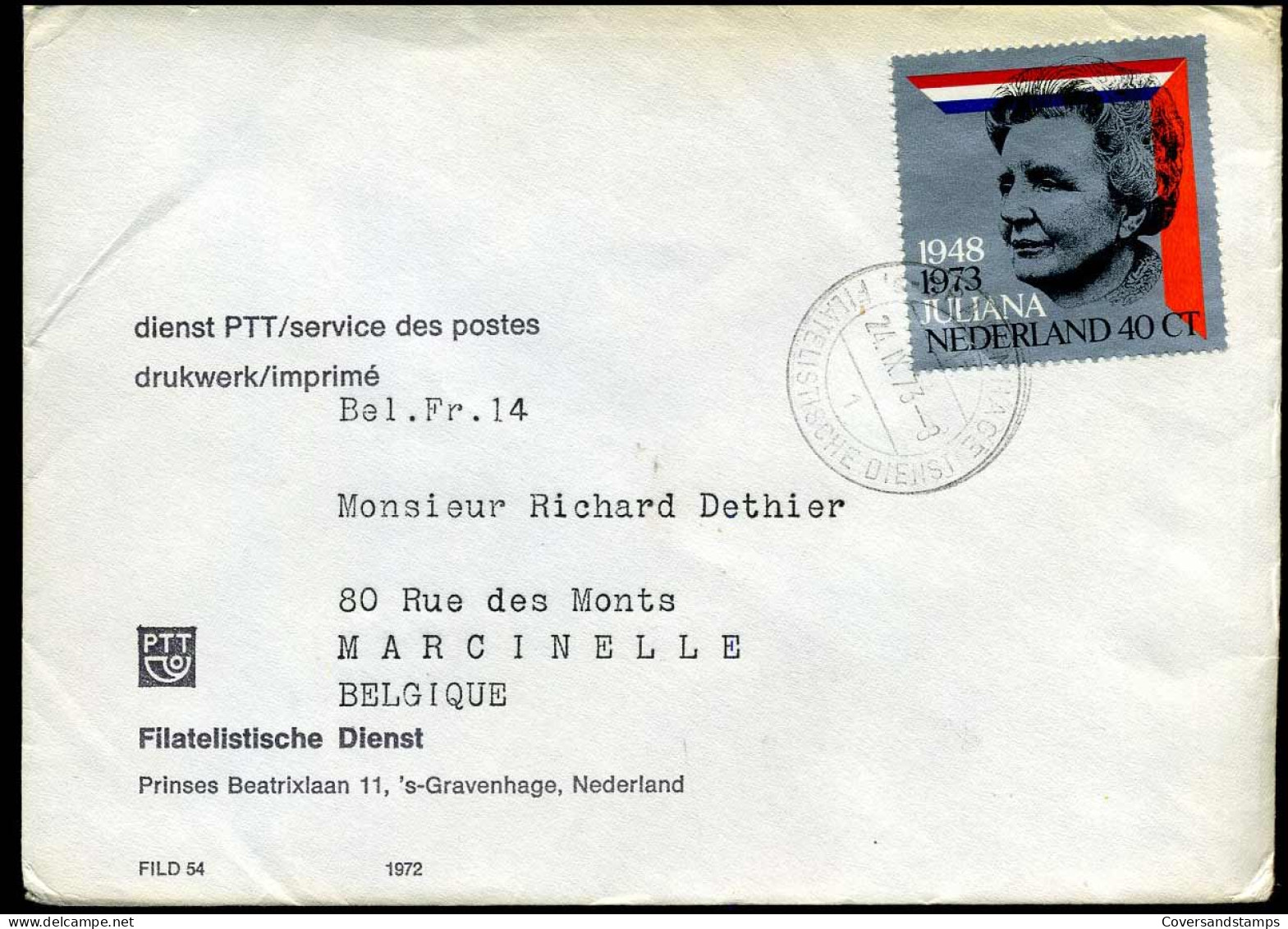 Cover Naar Marcinelle, België - "PTT Filatelistische Dienst, 's Gravenhage" - Briefe U. Dokumente